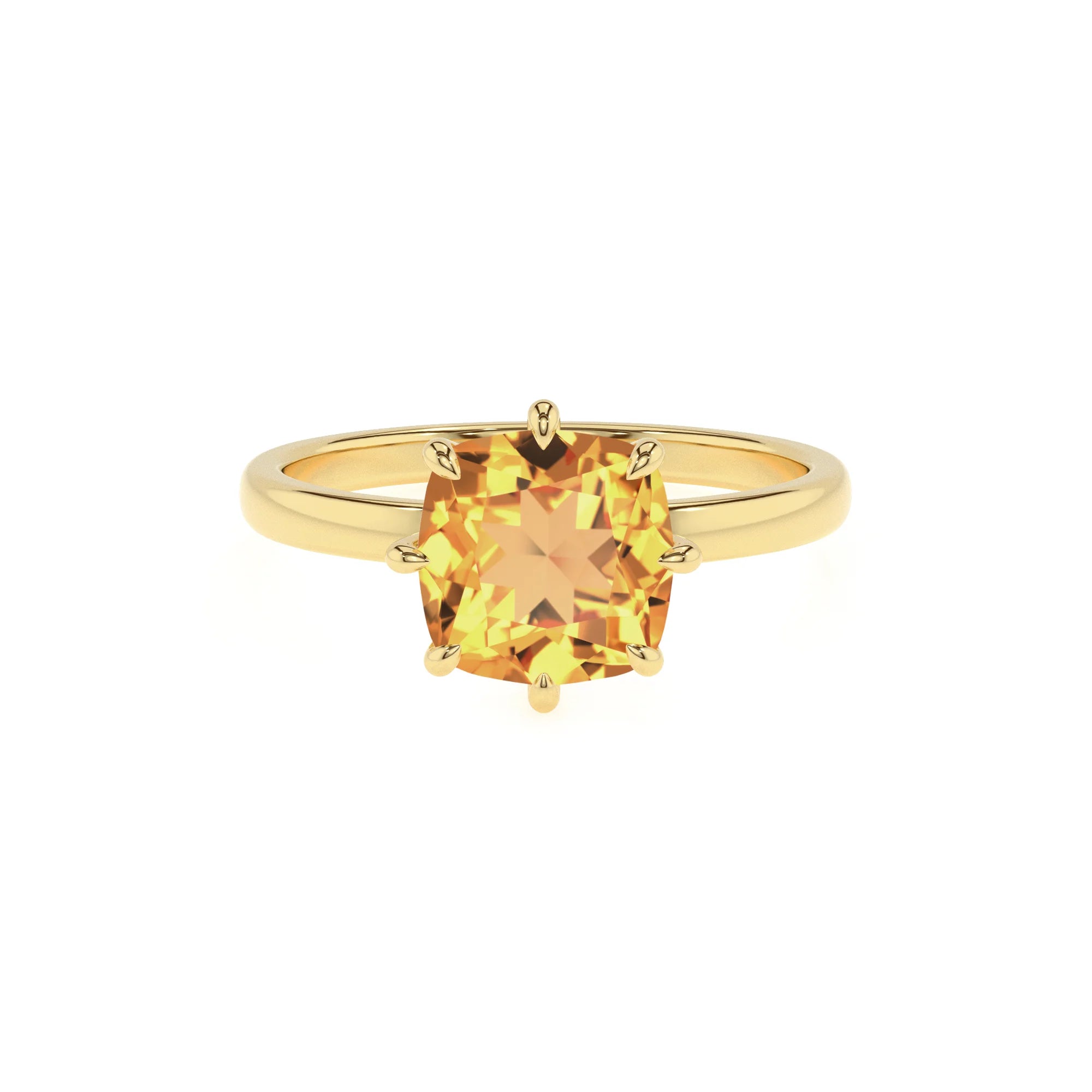 lab grown citrine cushion solitaire rings in yellow gold 