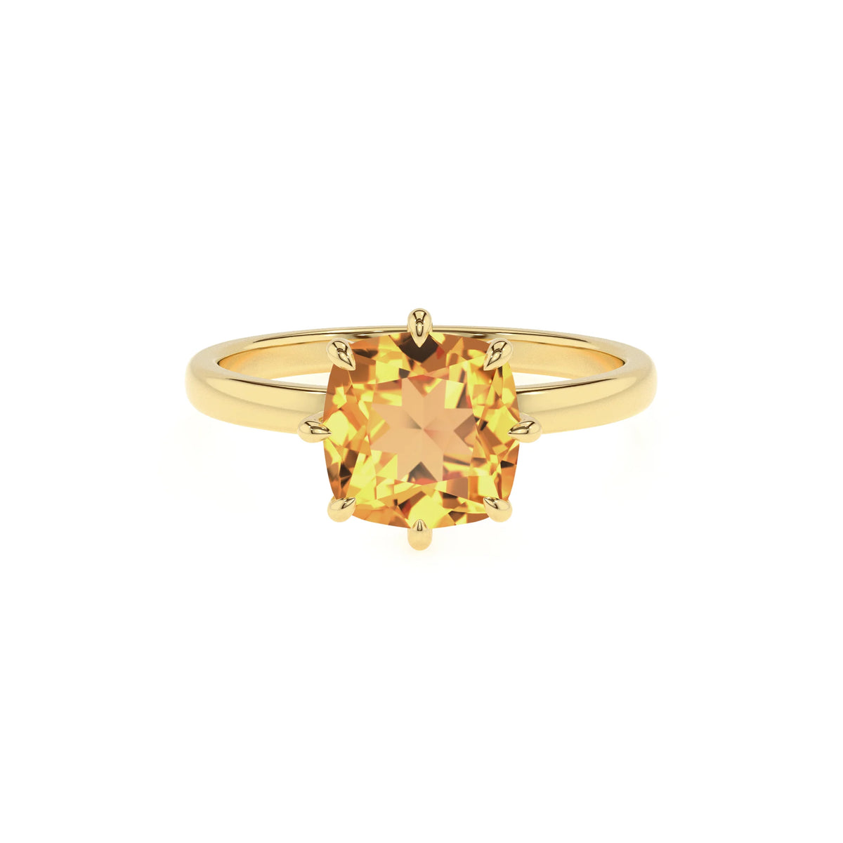 lab grown citrine cushion solitaire rings in yellow gold 