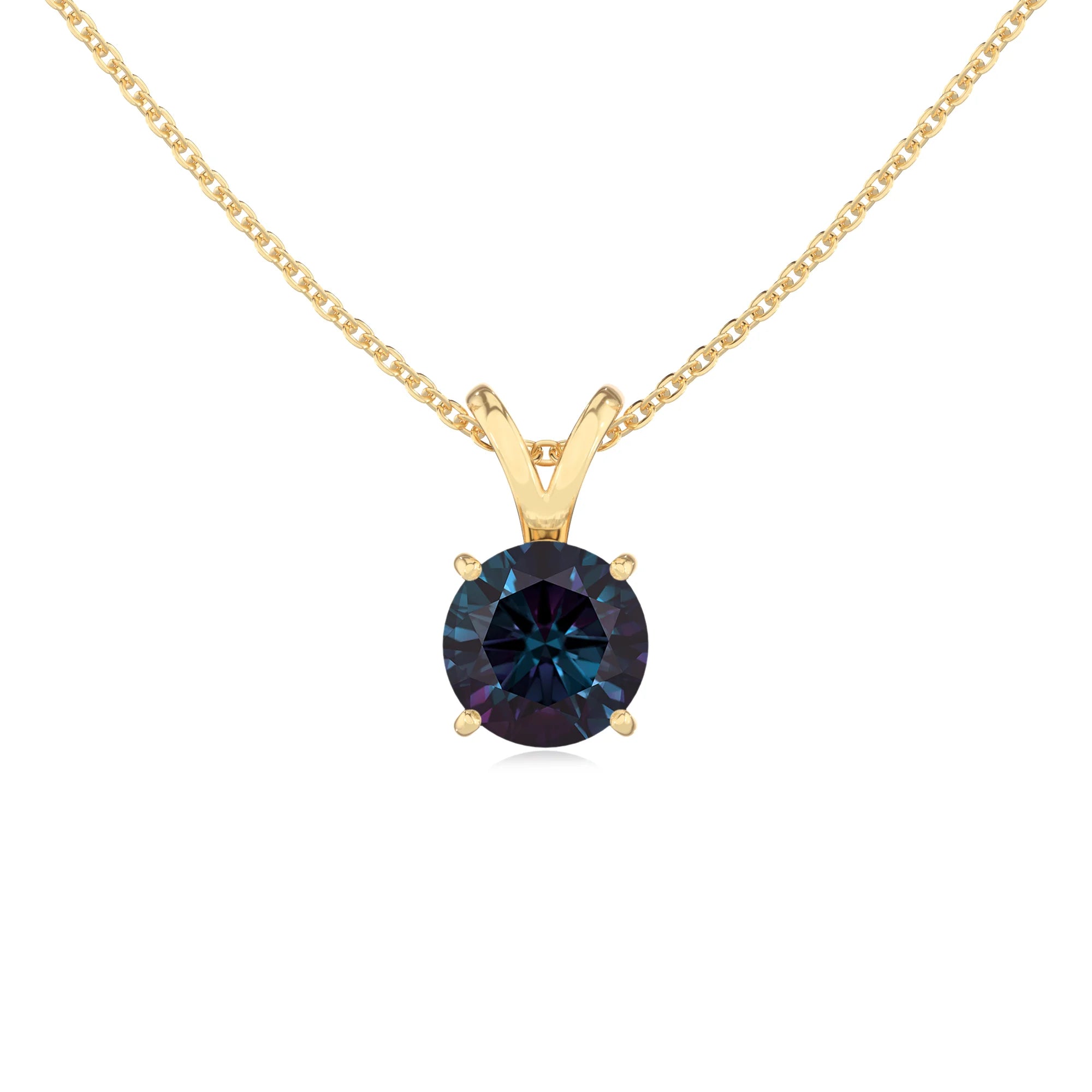 lab grown alexandrite round solitaire v-bale necklaces in yellow gold 