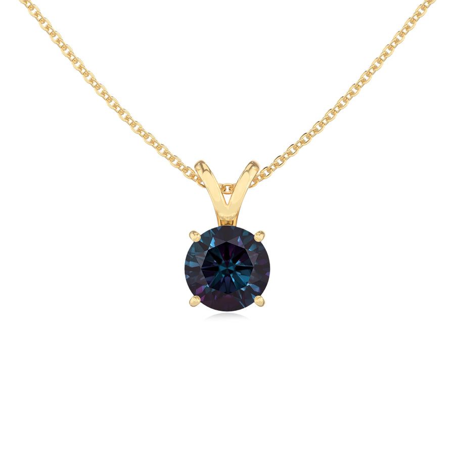 lab grown alexandrite round solitaire v-bale necklaces in yellow gold 