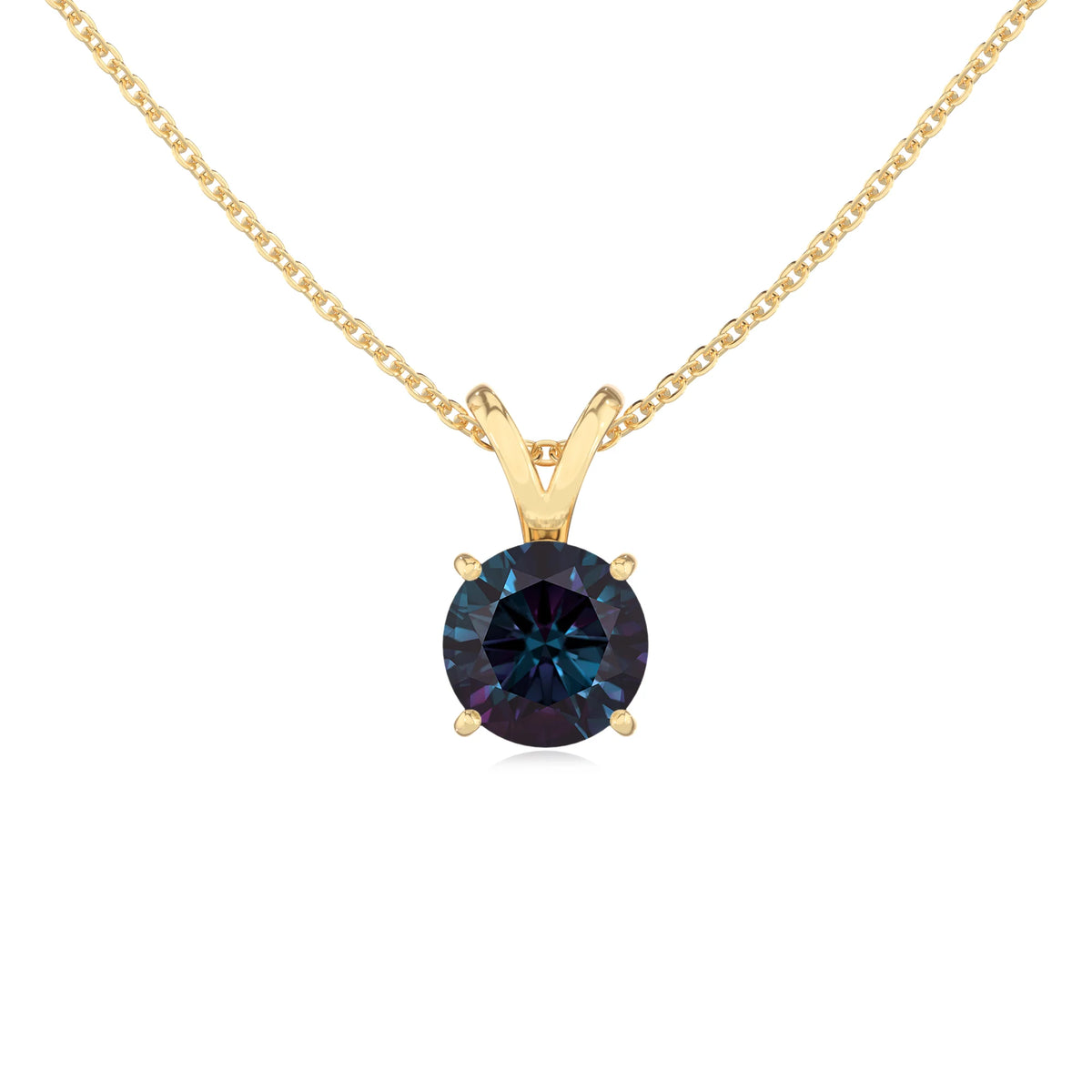 lab grown alexandrite round solitaire v-bale necklaces in yellow gold 