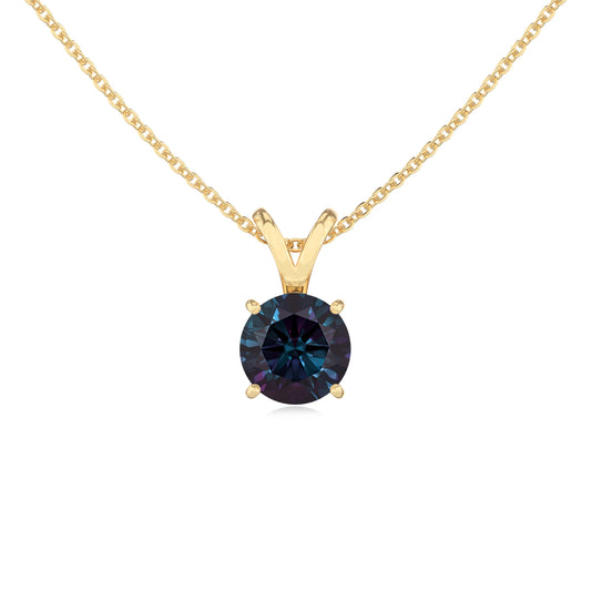 lab grown alexandrite round solitaire v-bale necklaces in yellow gold 