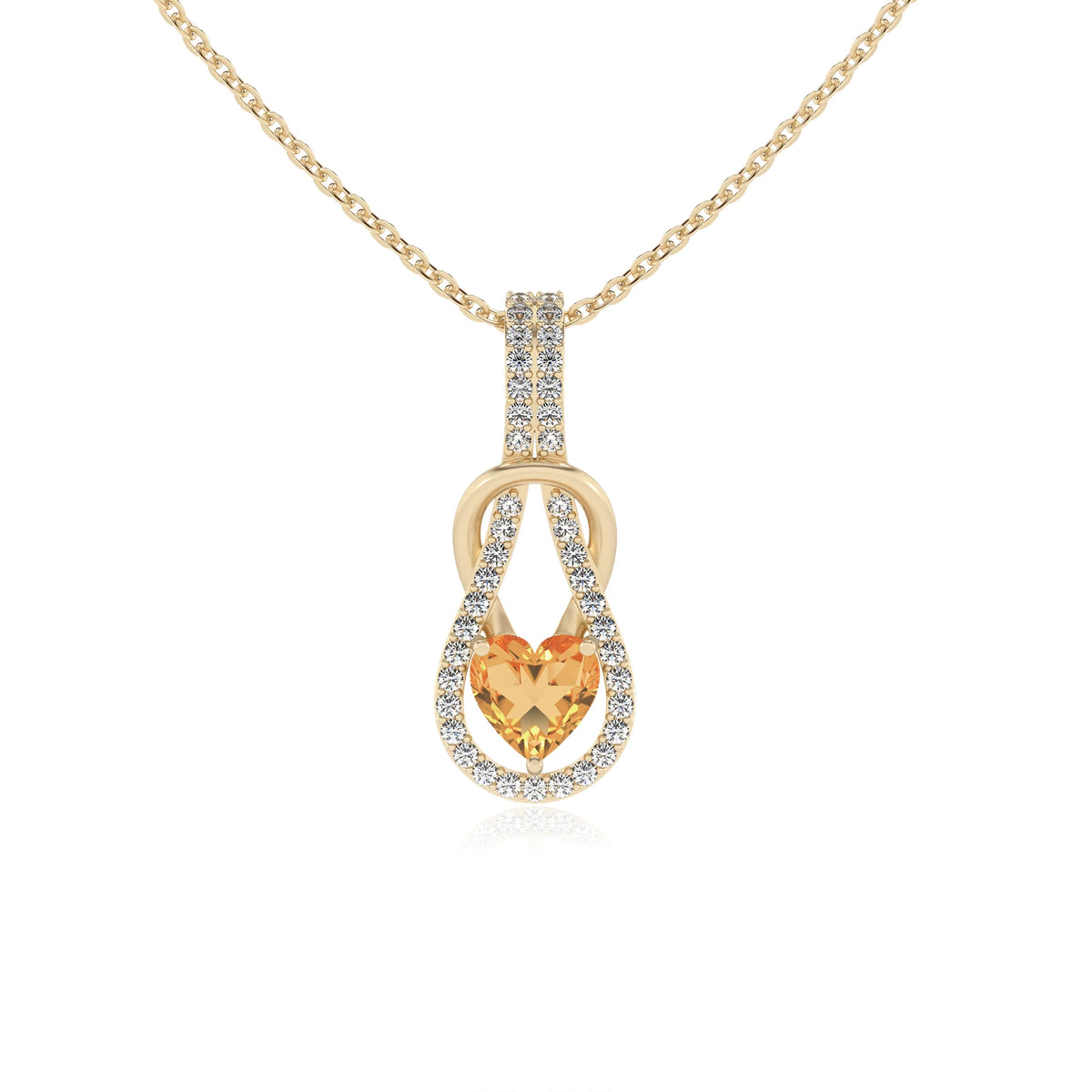 lab grown citrine heart infinity  v-bale necklaces in yellow gold 