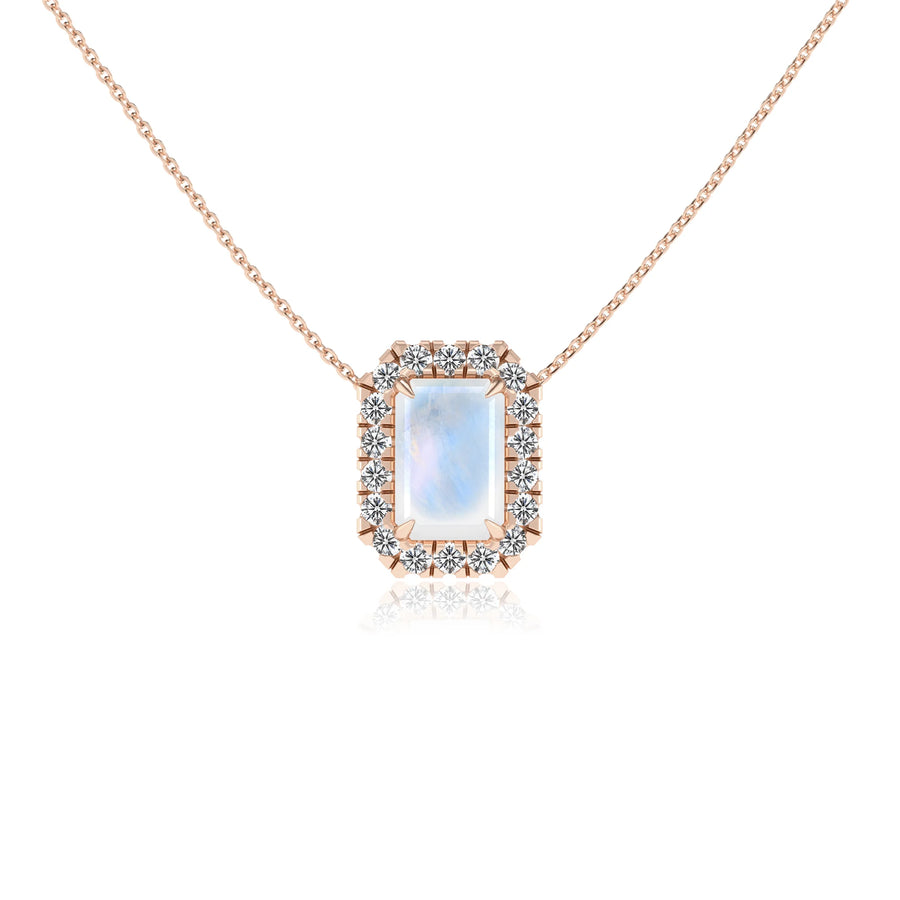 natural rainbow moonstone emerald cut solitaire necklaces in rose gold 