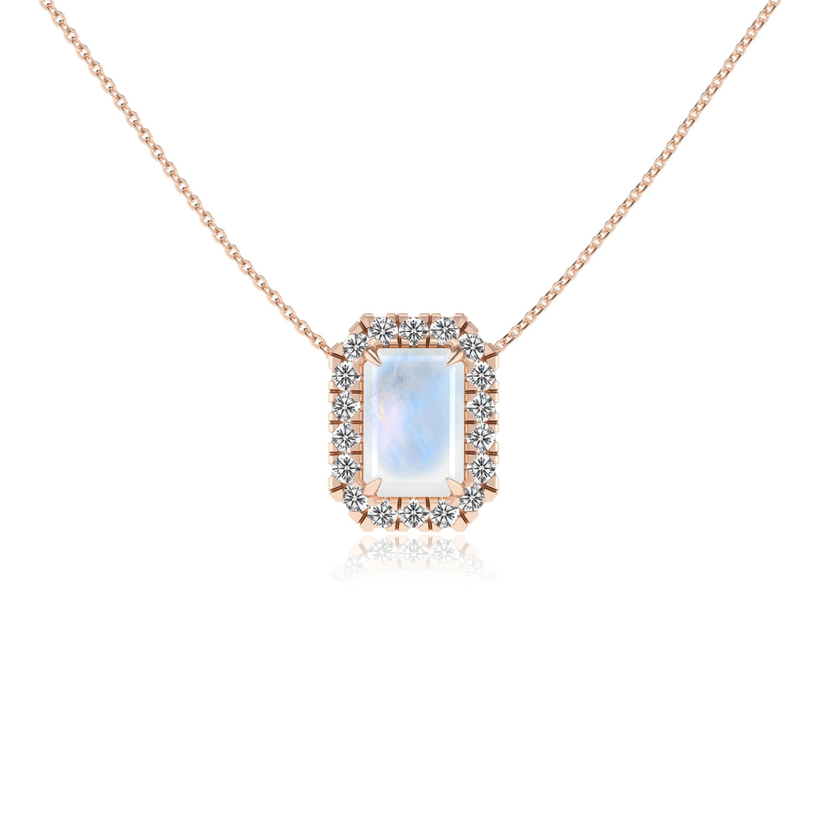 natural rainbow moonstone emerald cut solitaire necklaces in rose gold 