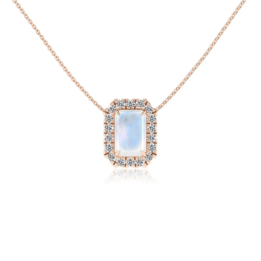 natural rainbow moonstone emerald cut solitaire necklaces in rose gold 