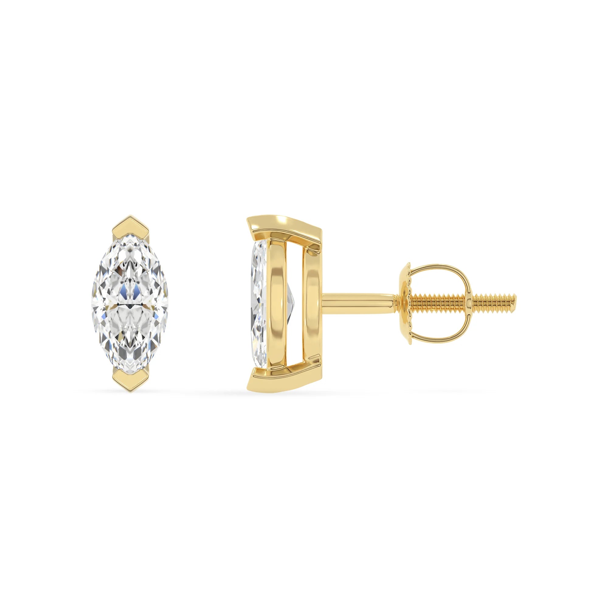lab grown moissanite marquise stud earrings in yellow gold 
