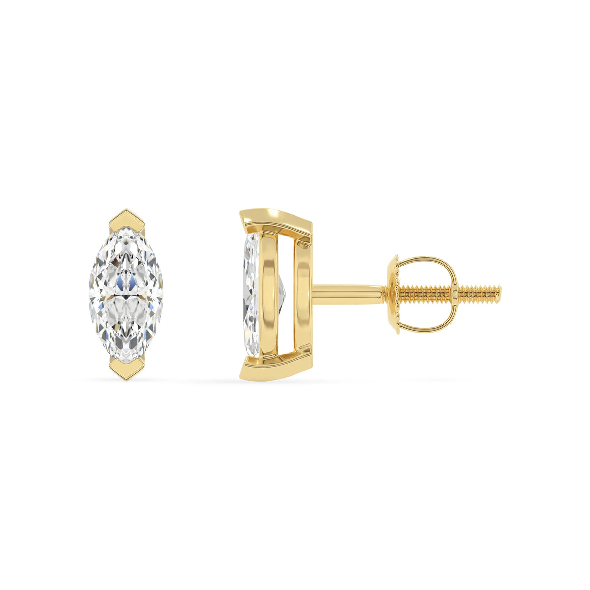 lab grown moissanite marquise stud earrings in yellow gold 