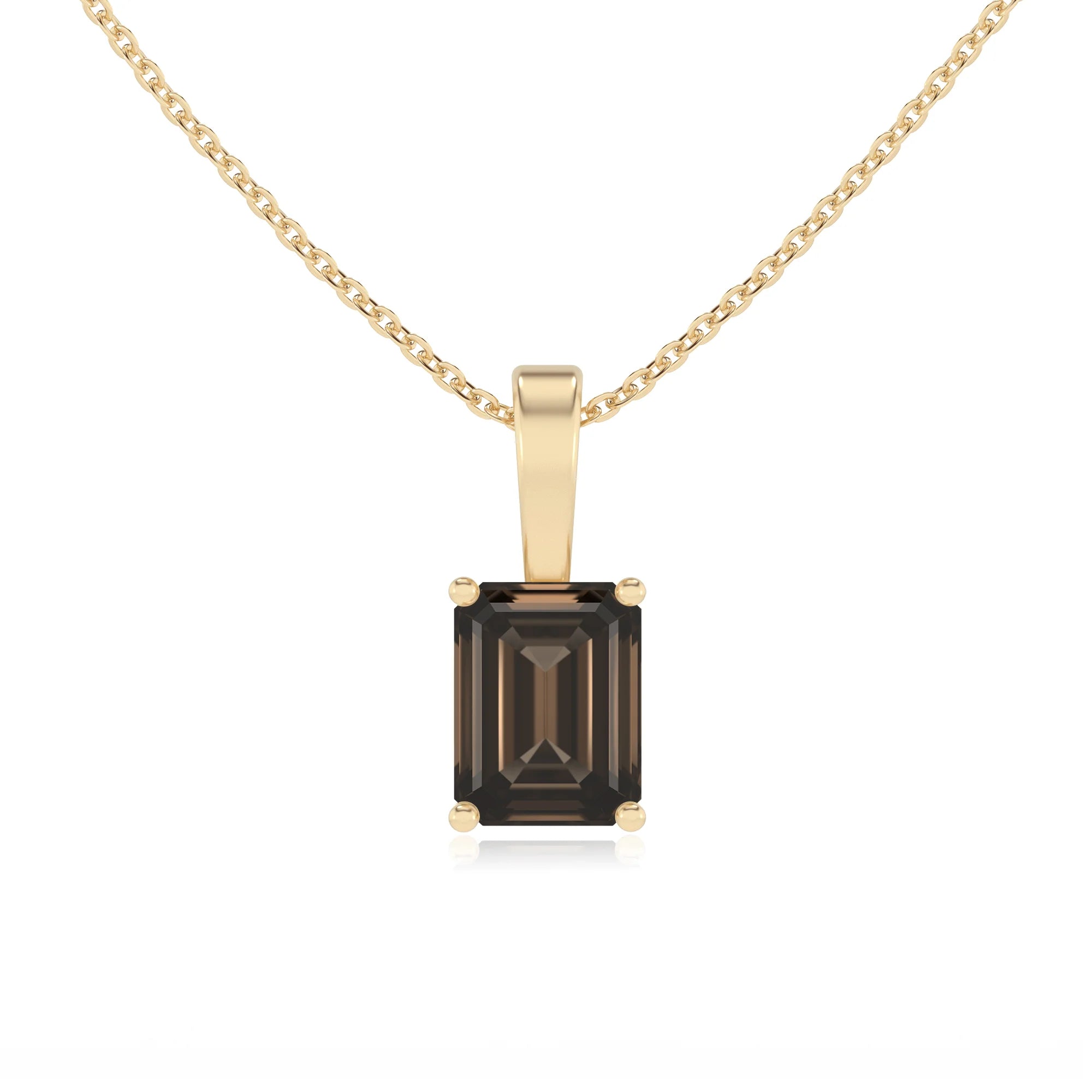 natural smoky-quartz emerald cut solitaire necklaces in yellow gold 