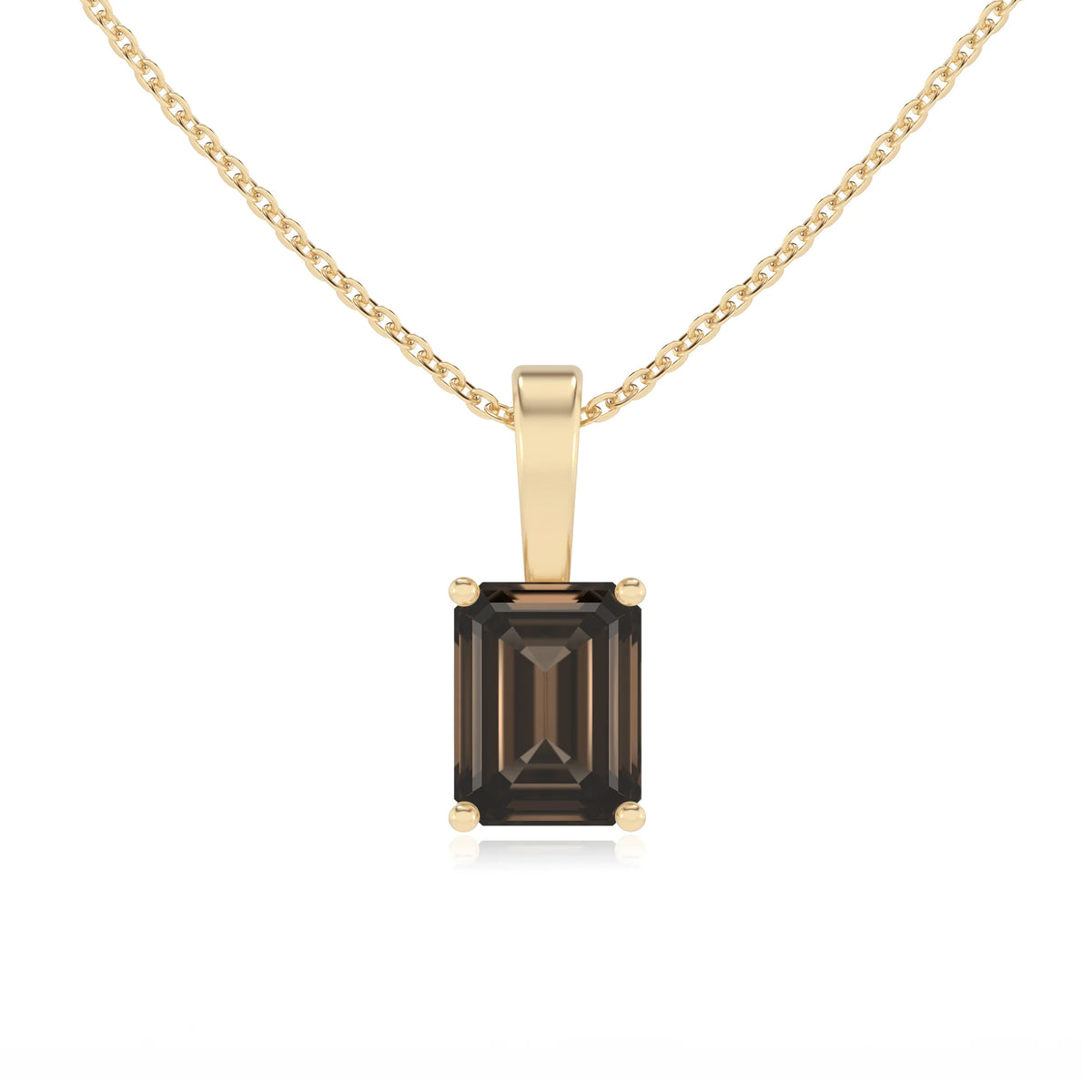 natural smoky-quartz emerald cut solitaire necklaces in yellow gold 