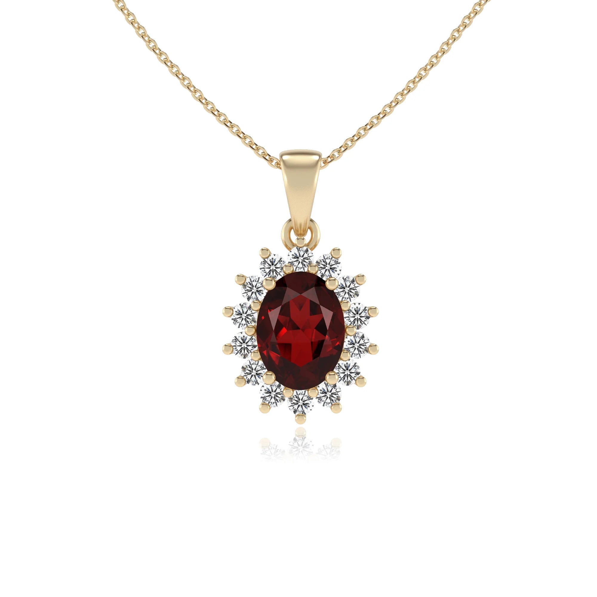 natural garnet oval halo necklaces in yellow gold 