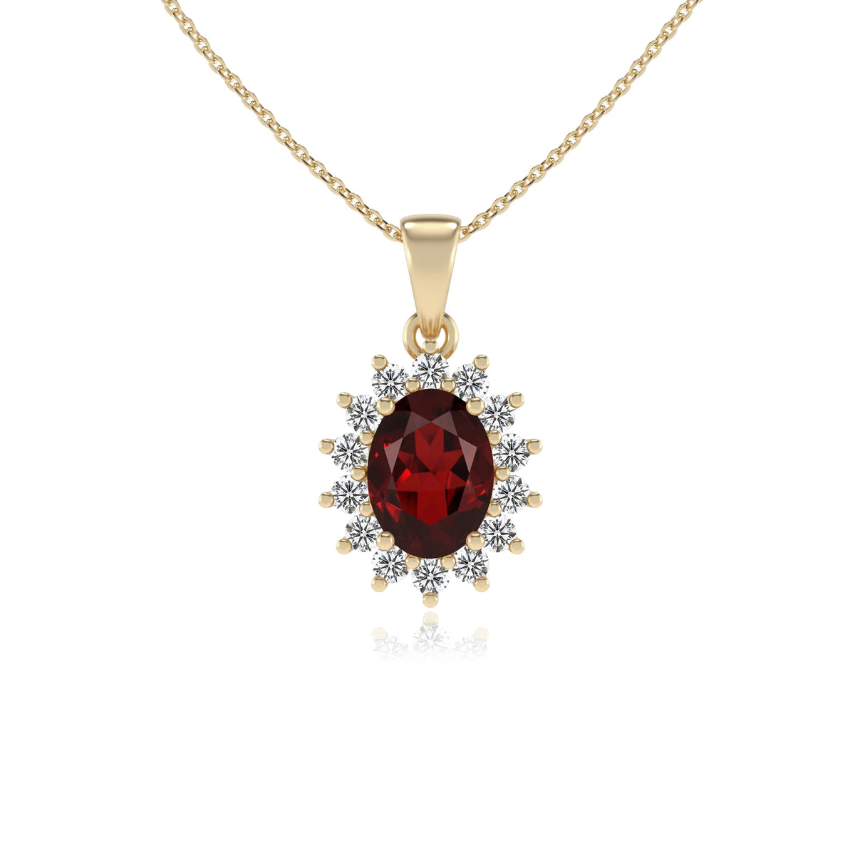 natural garnet oval halo necklaces in yellow gold 