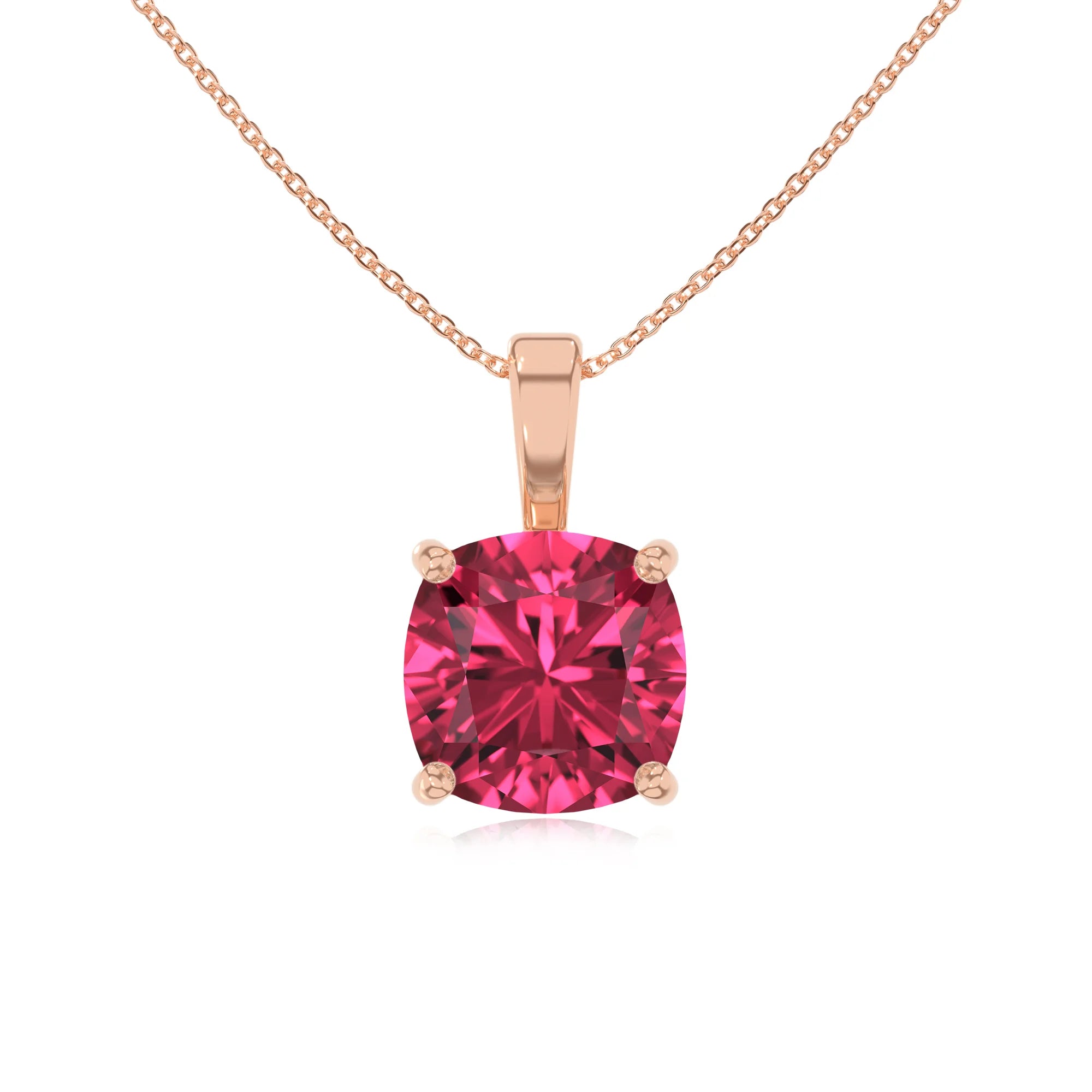 lab grown pink-tourmaline cushion solitaire necklaces in rose gold 