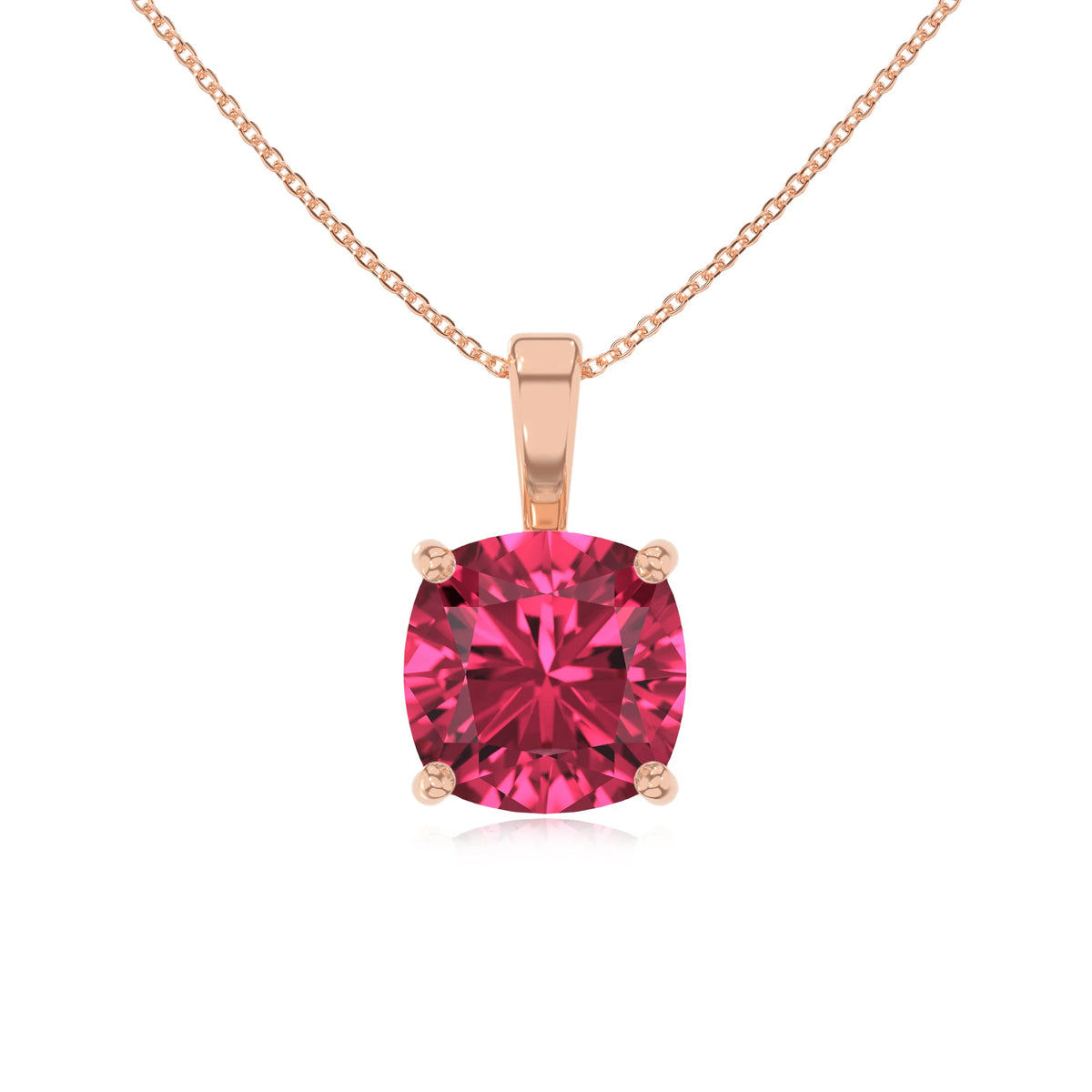 lab grown pink-tourmaline cushion solitaire necklaces in rose gold 