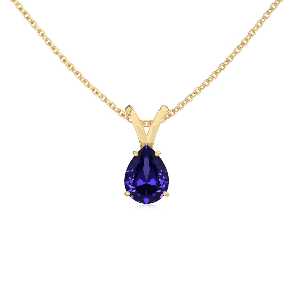 lab grown tanzanite pear solitaire v-bale necklaces in yellow gold 