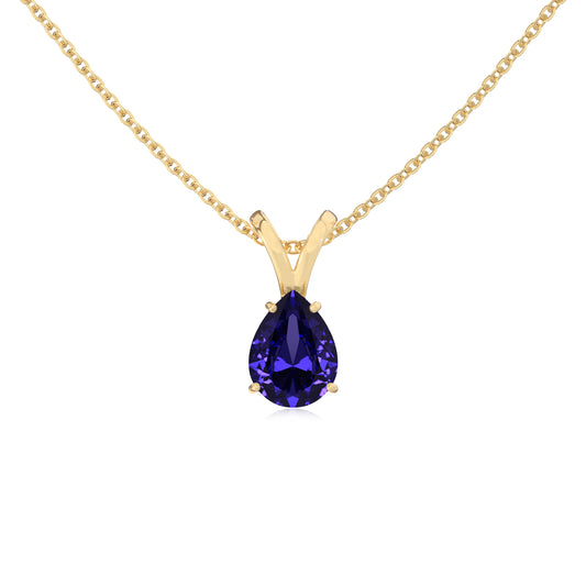 lab grown tanzanite pear solitaire v-bale necklaces in yellow gold 