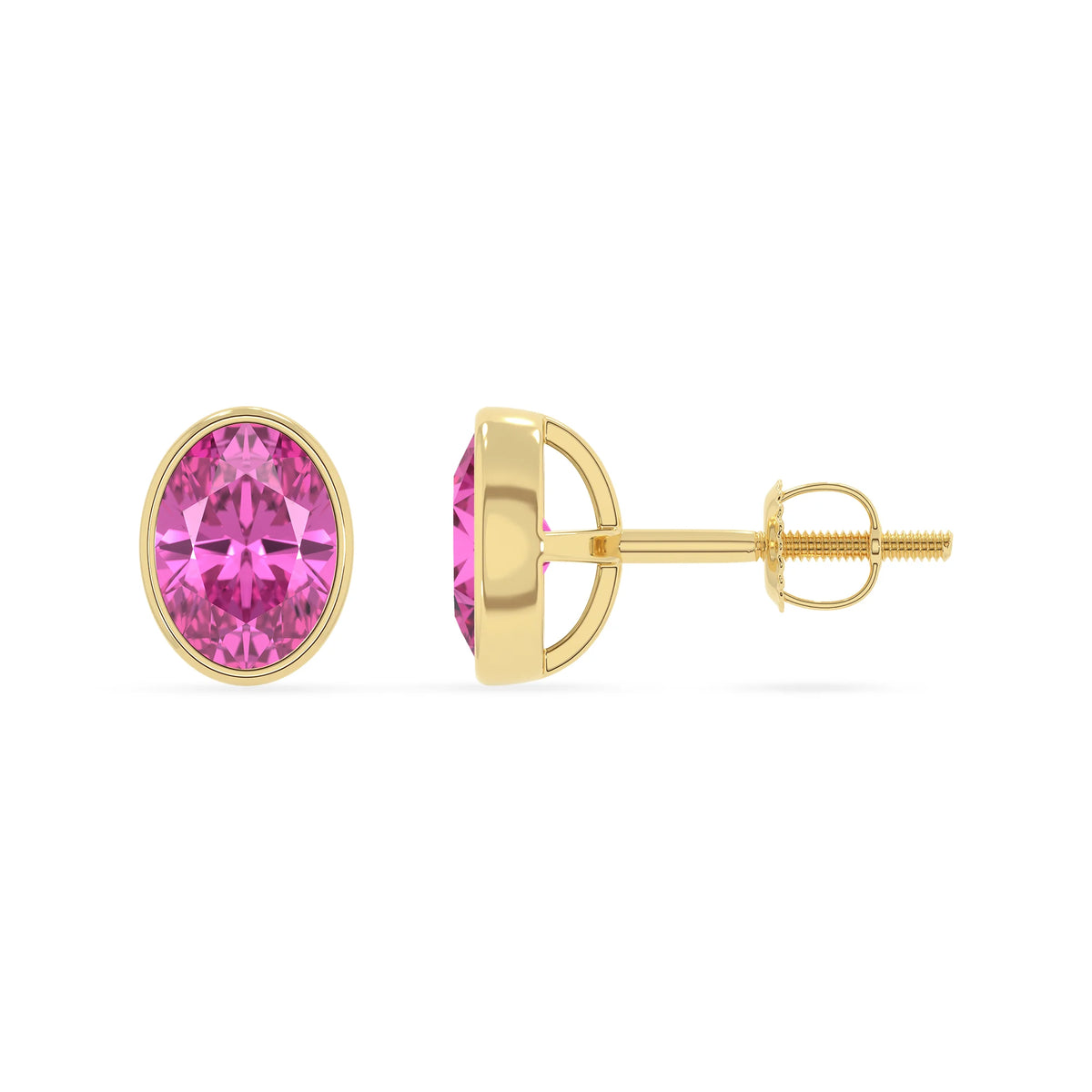 lab grown pink sapphire oval stud earrings in yellow gold 