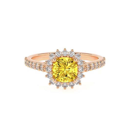 lab grown yellow-sapphire cushion solitaire rings in rose gold 