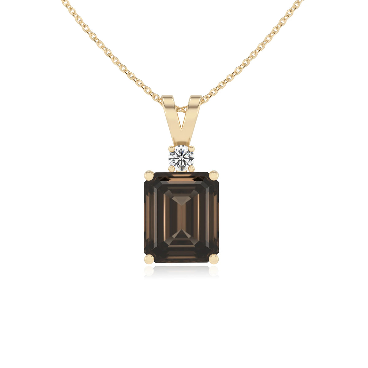 natural smoky-quartz emerald cut solitaire v-bale necklaces in yellow gold 