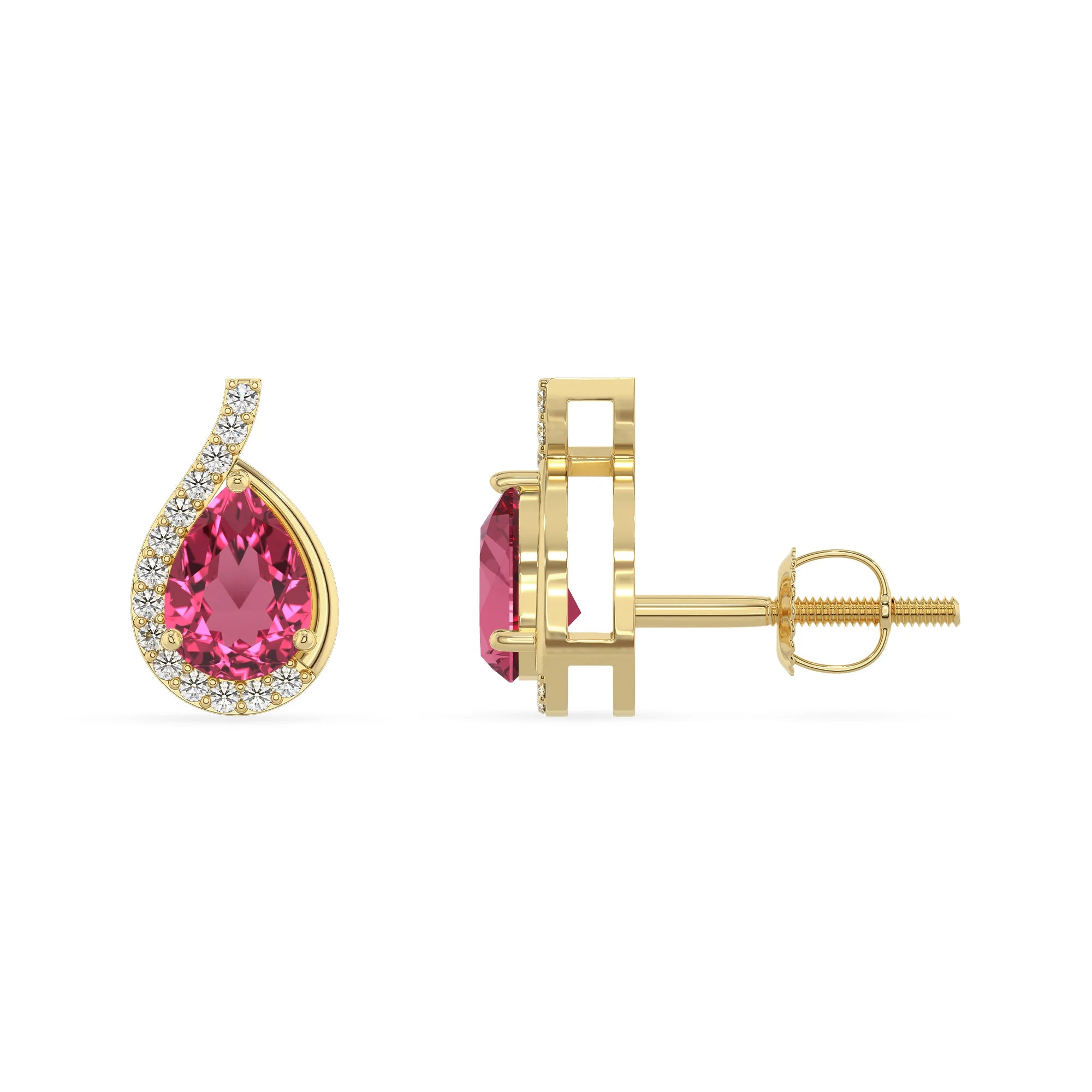 lab grown pink tourmaline pear stud earrings in yellow gold 
