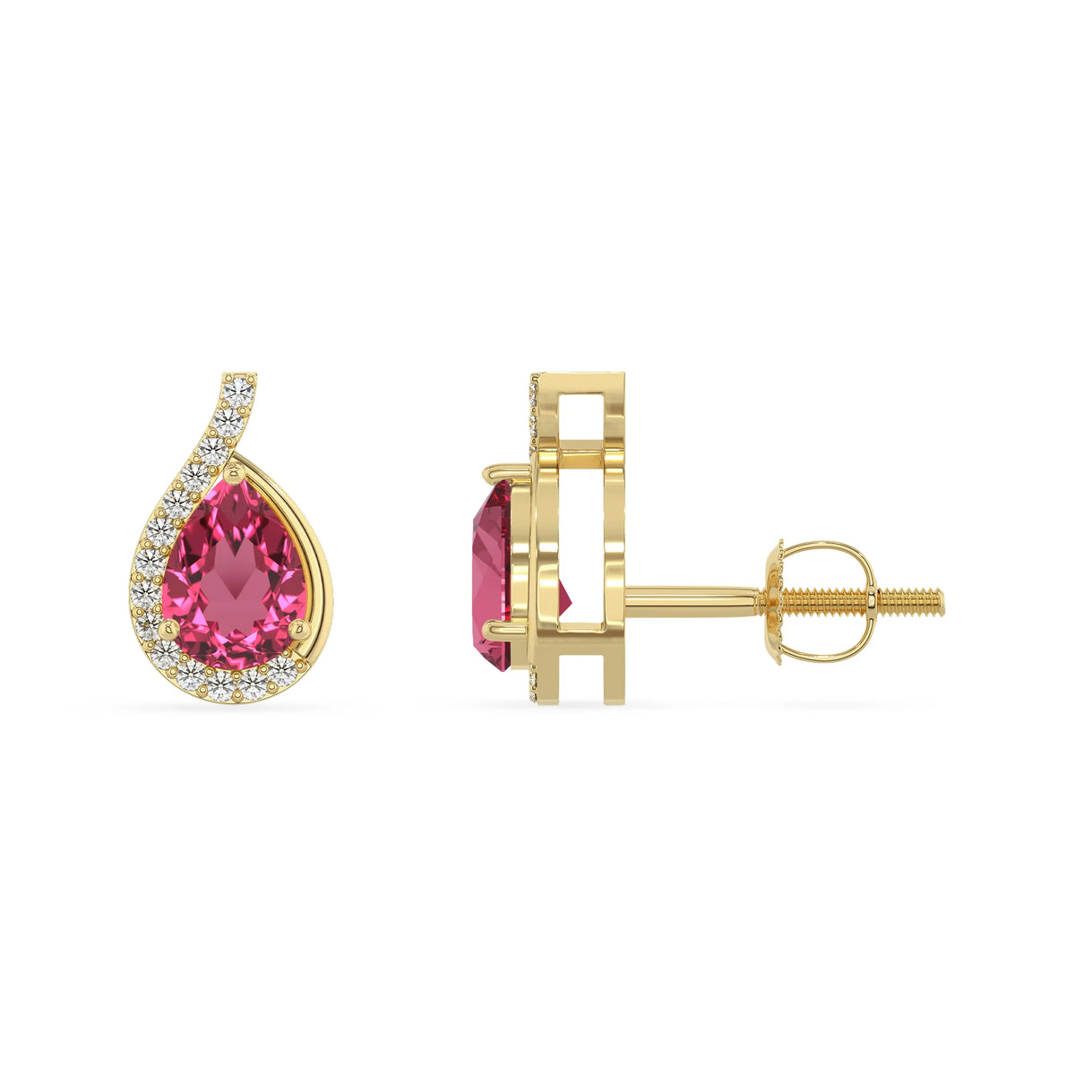 lab grown pink tourmaline pear stud earrings in yellow gold 