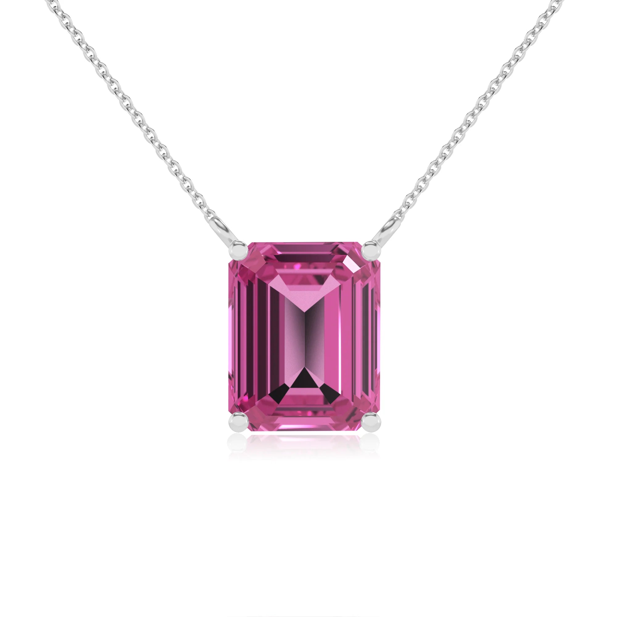 lab grown pink-sapphire emerald cut solitaire necklaces in platinum 