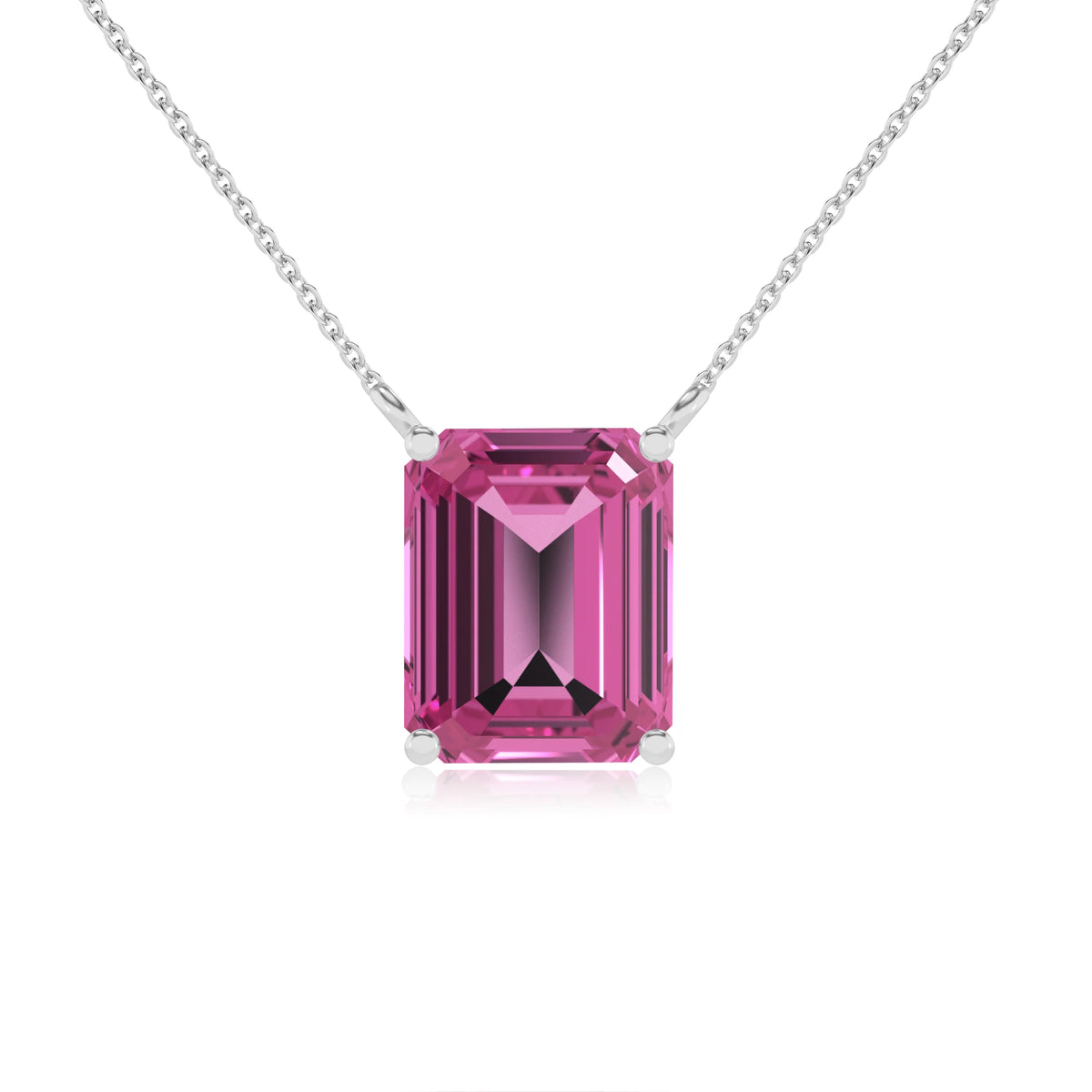 lab grown pink-sapphire emerald cut solitaire necklaces in platinum 