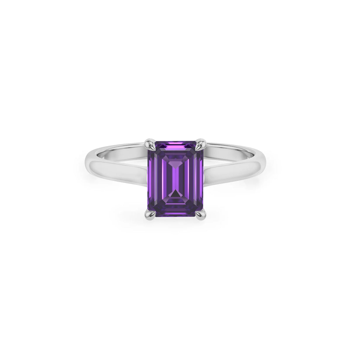 lab grown amethyst emerald cut solitaire rings in platinum 