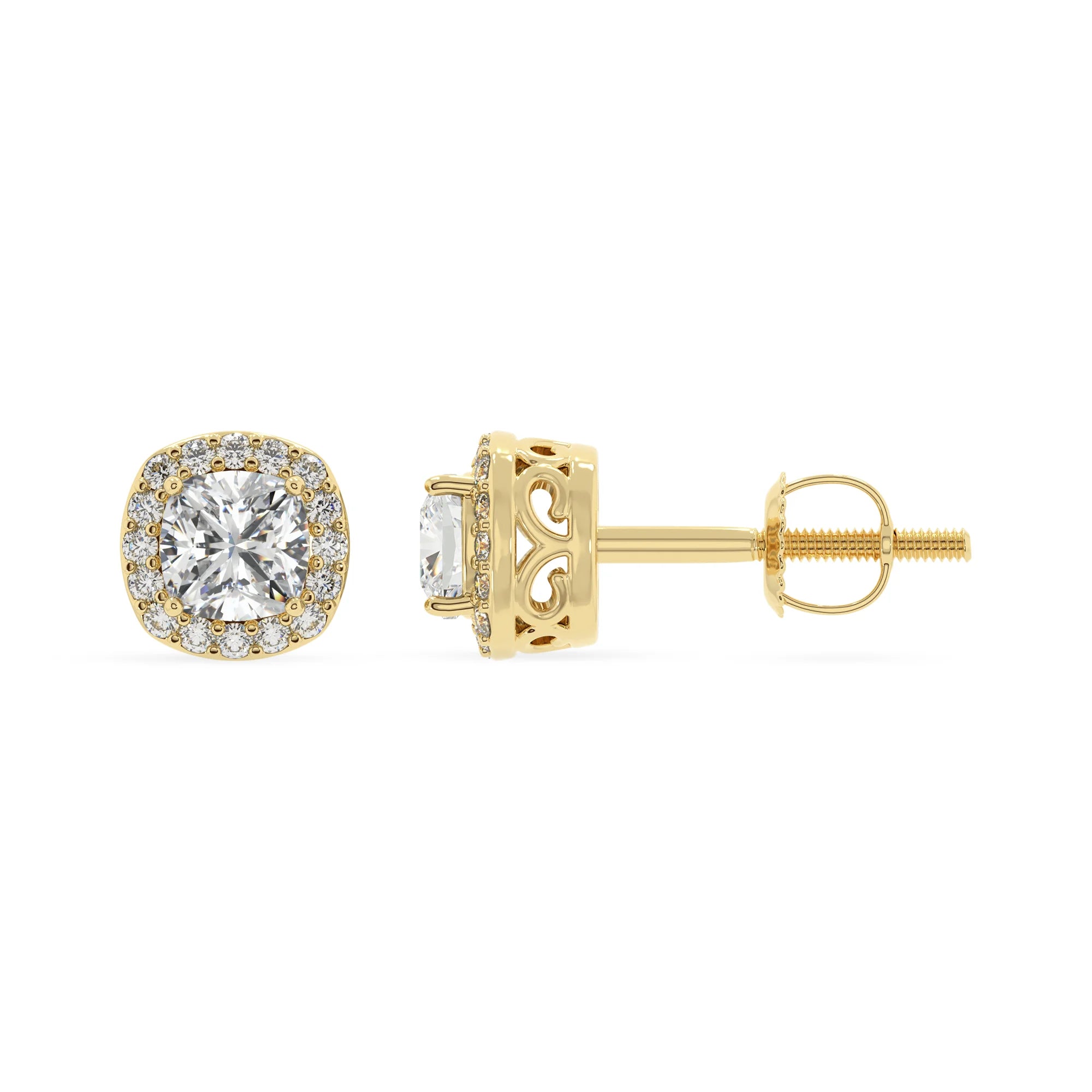 lab grown moissanite cushion stud earrings in yellow gold 