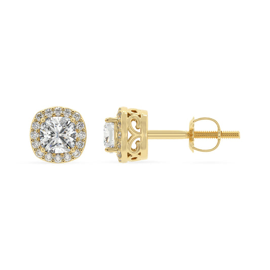 lab grown moissanite cushion stud earrings in yellow gold 