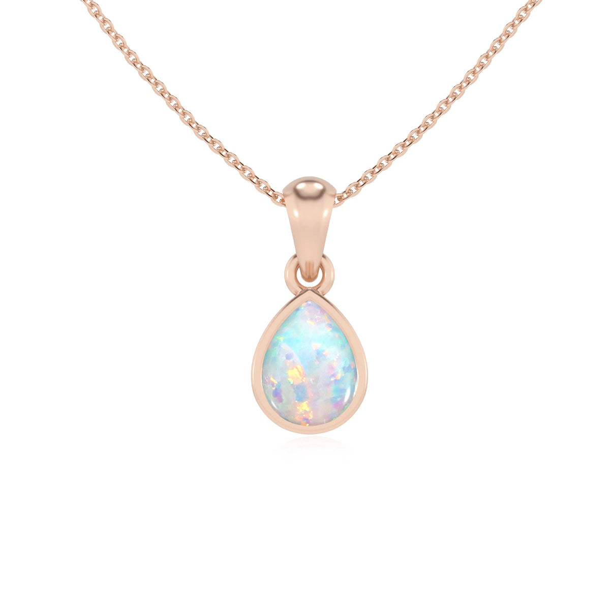 lab grown opal pear solitaire necklaces in rose gold 