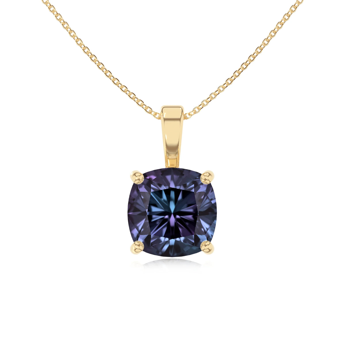 lab grown alexandrite cushion solitaire necklaces in yellow gold 