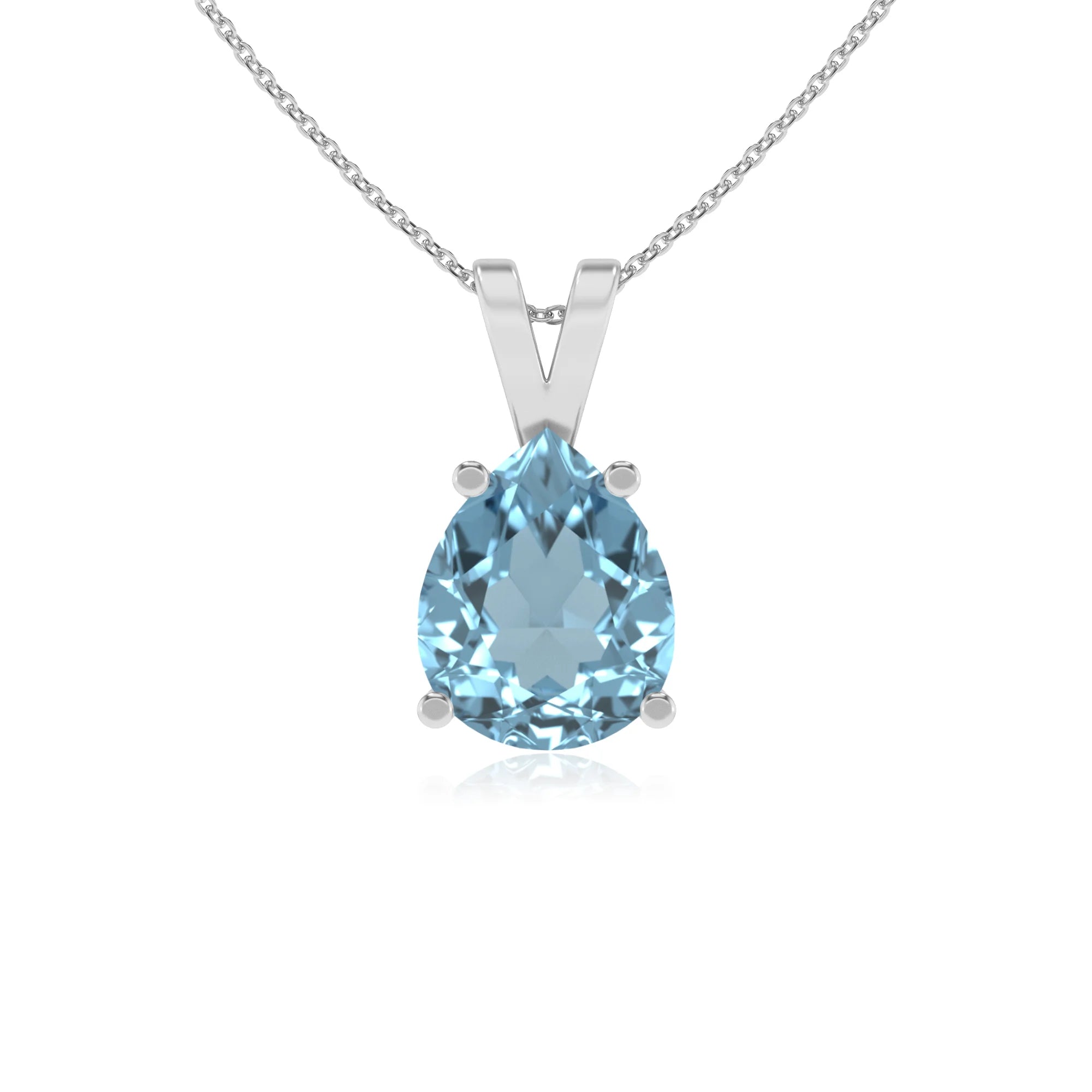 lab grown aquamarine pear solitaire v-bale necklaces in platinum 