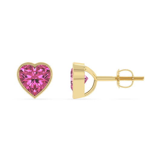 lab grown pink sapphire emerald cut stud earrings in yellow gold 
