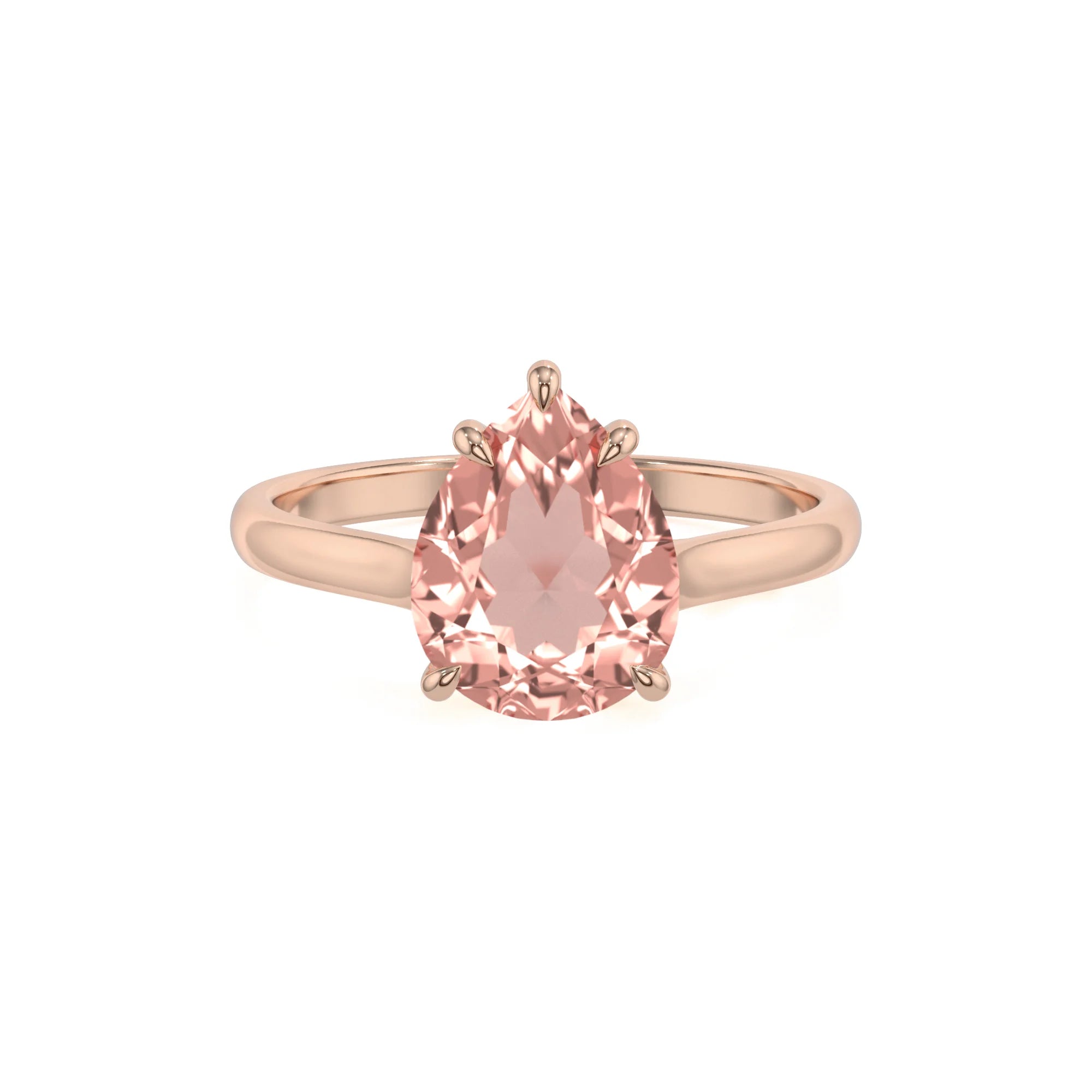 lab grown morganite pear solitaire rings in rose gold 
