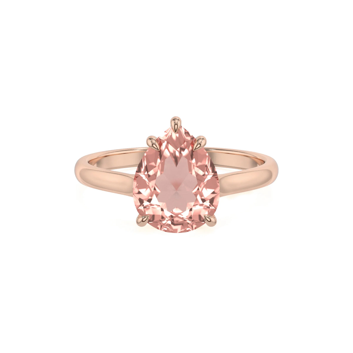 lab grown morganite pear solitaire rings in rose gold 