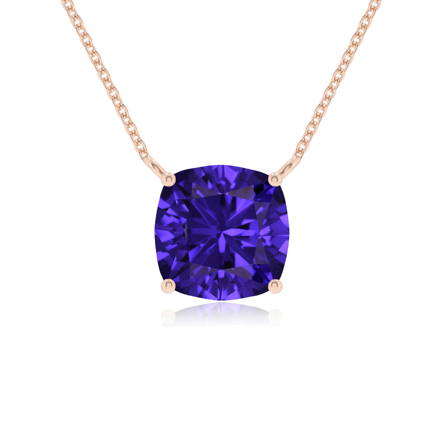 lab grown tanzanite cushion solitaire necklaces in rose gold 