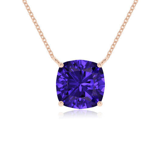 lab grown tanzanite cushion solitaire necklaces in rose gold 