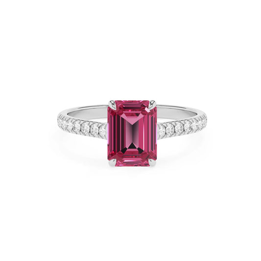 lab grown pink-tourmaline emerald cut half eternity solitaire engagement rings in platinum 