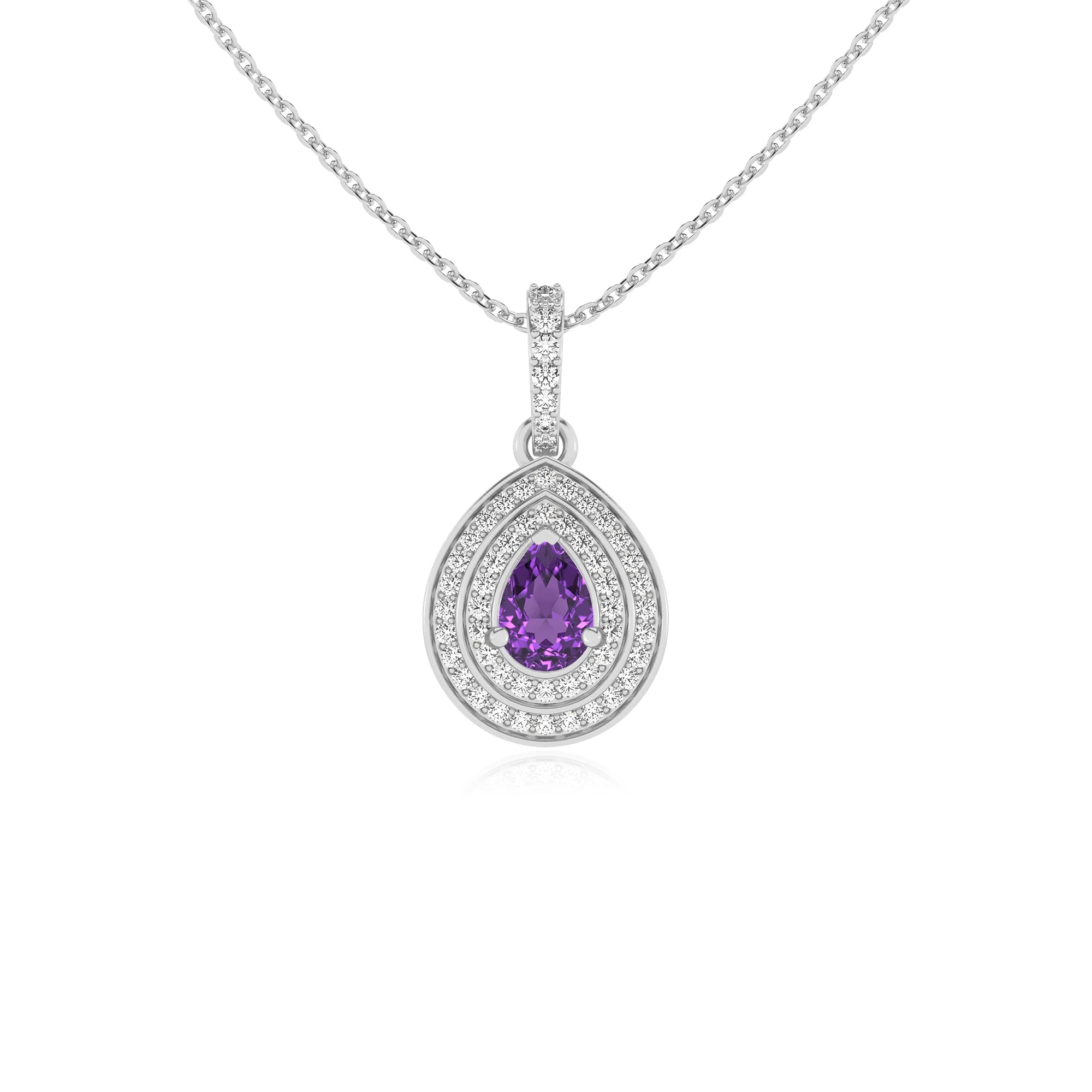lab grown amethyst pear halo necklaces in white gold 