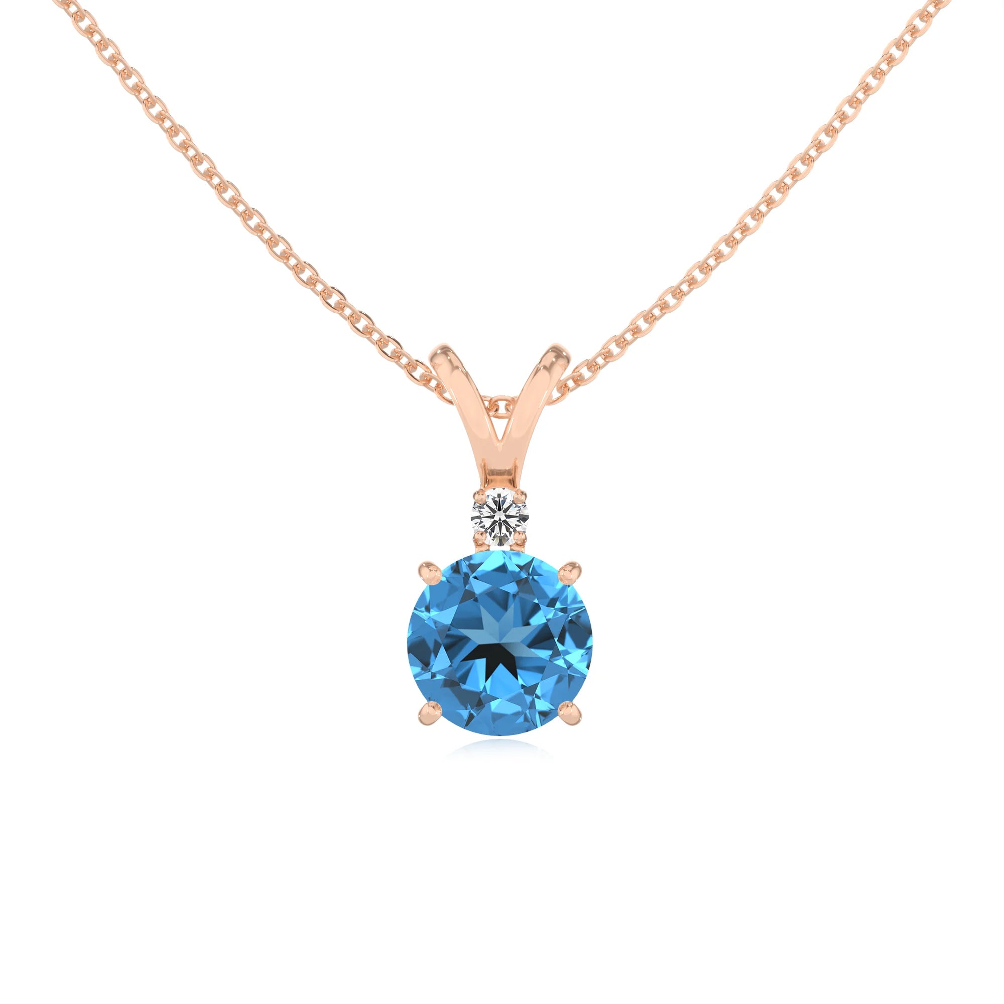 natural swiss-blue-topaz round solitaire v-bale necklaces in rose gold 