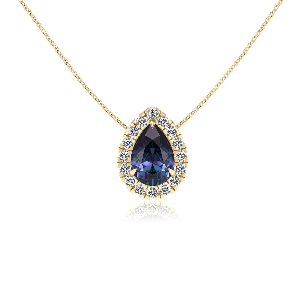 lab grown alexandrite pear solitaire necklaces in yellow gold 