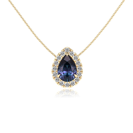 lab grown alexandrite pear solitaire necklaces in yellow gold 