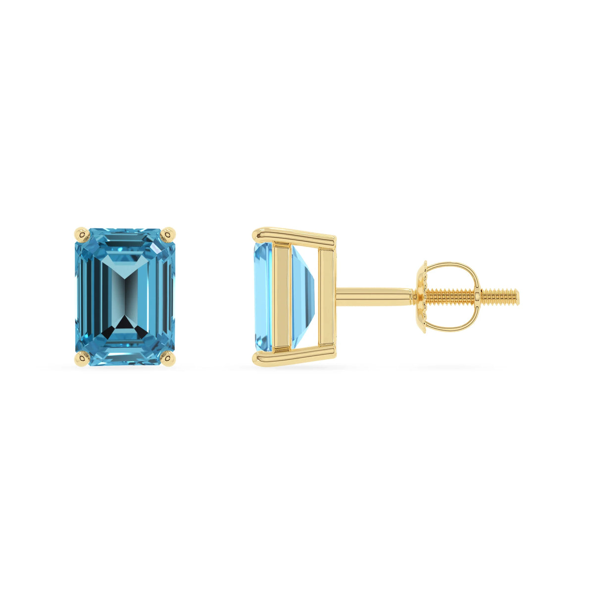 natural swiss blue topaz emerald cut stud earrings in yellow gold 