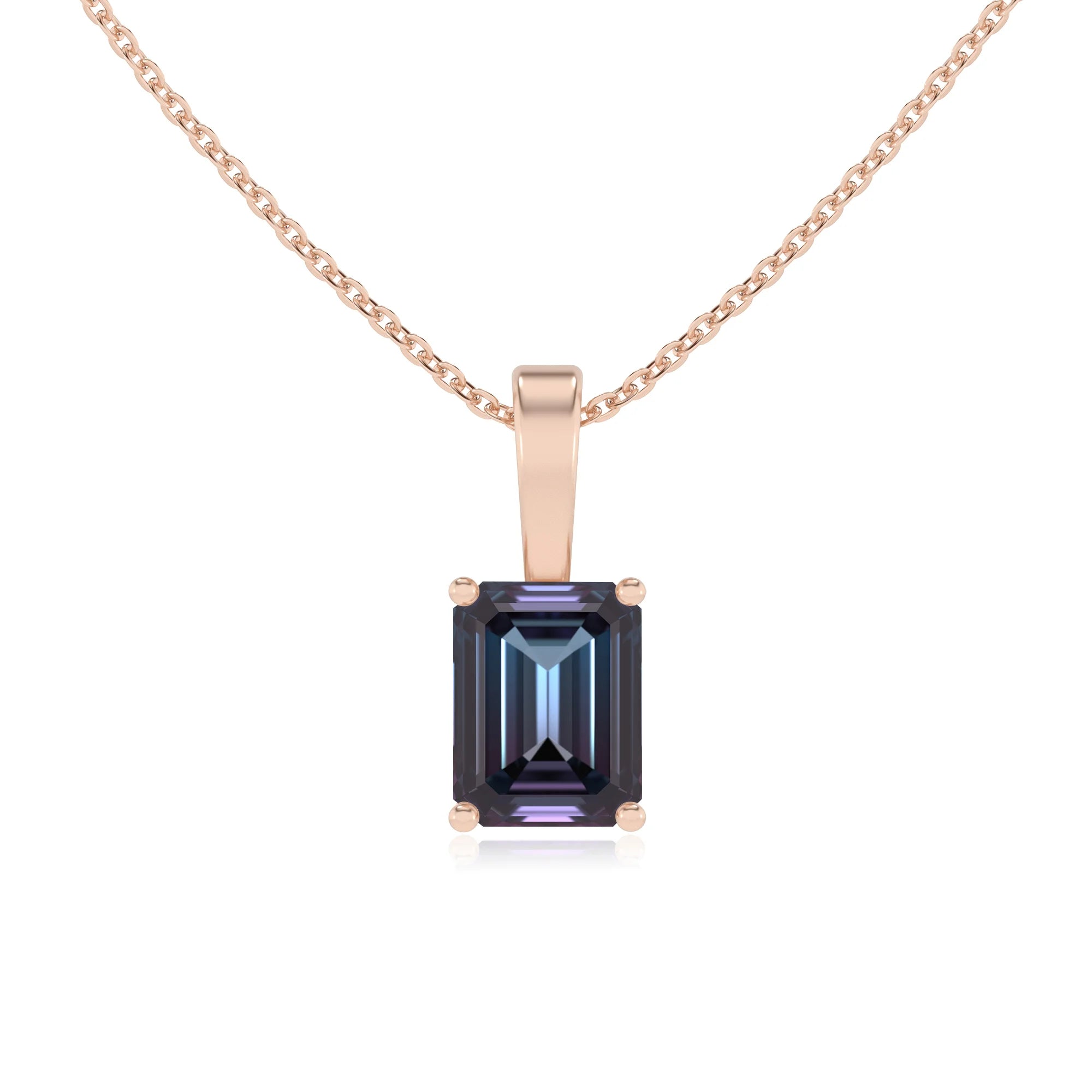 lab grown alexandrite emerald cut solitaire necklaces in rose gold 