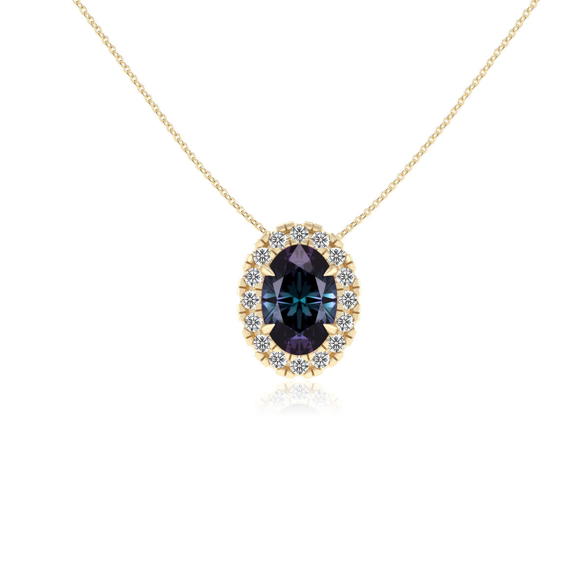 lab grown alexandrite oval solitaire necklaces in yellow gold 