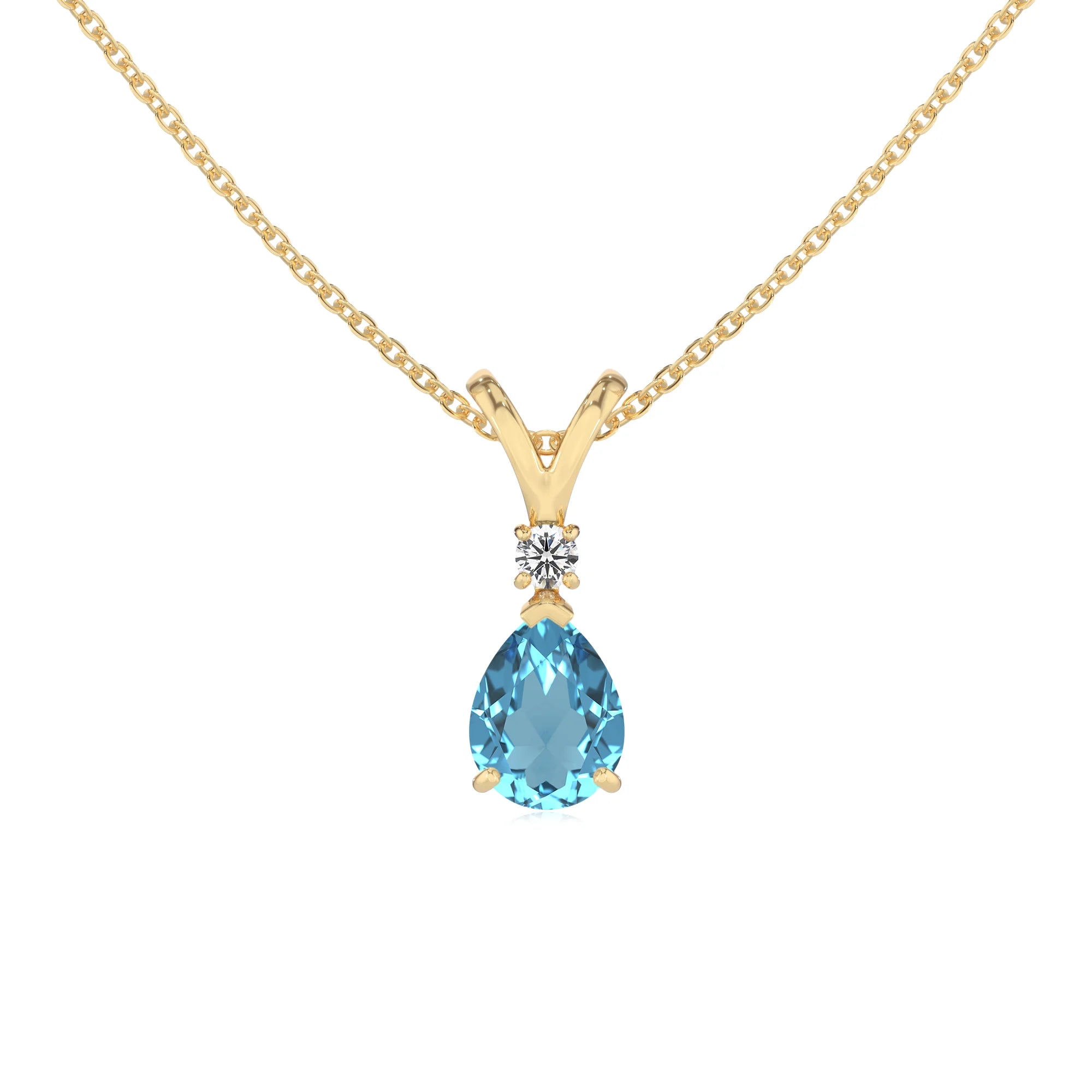 natural swiss-blue-topaz pear solitaire v-bale necklaces in yellow gold 