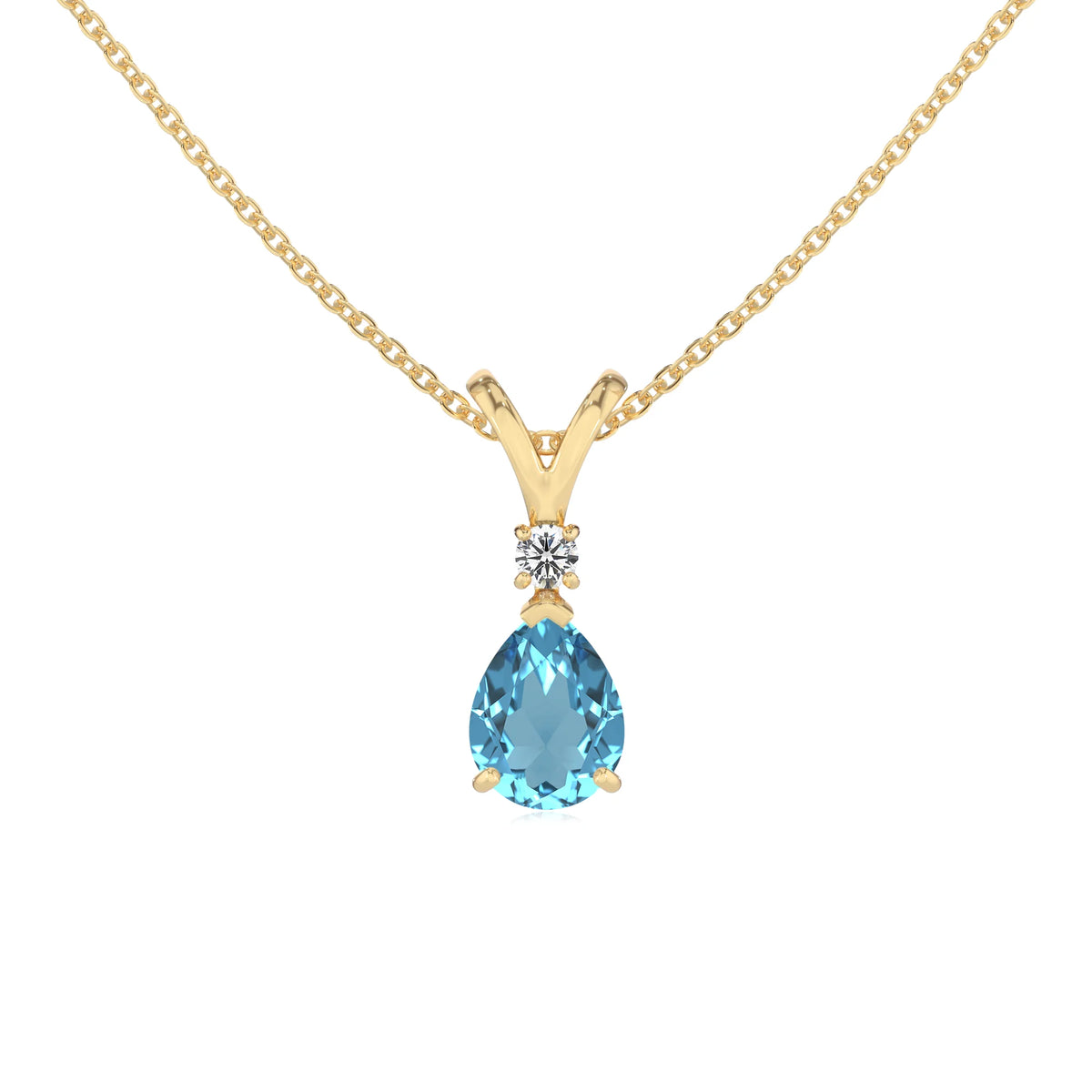 natural swiss-blue-topaz pear solitaire v-bale necklaces in yellow gold 