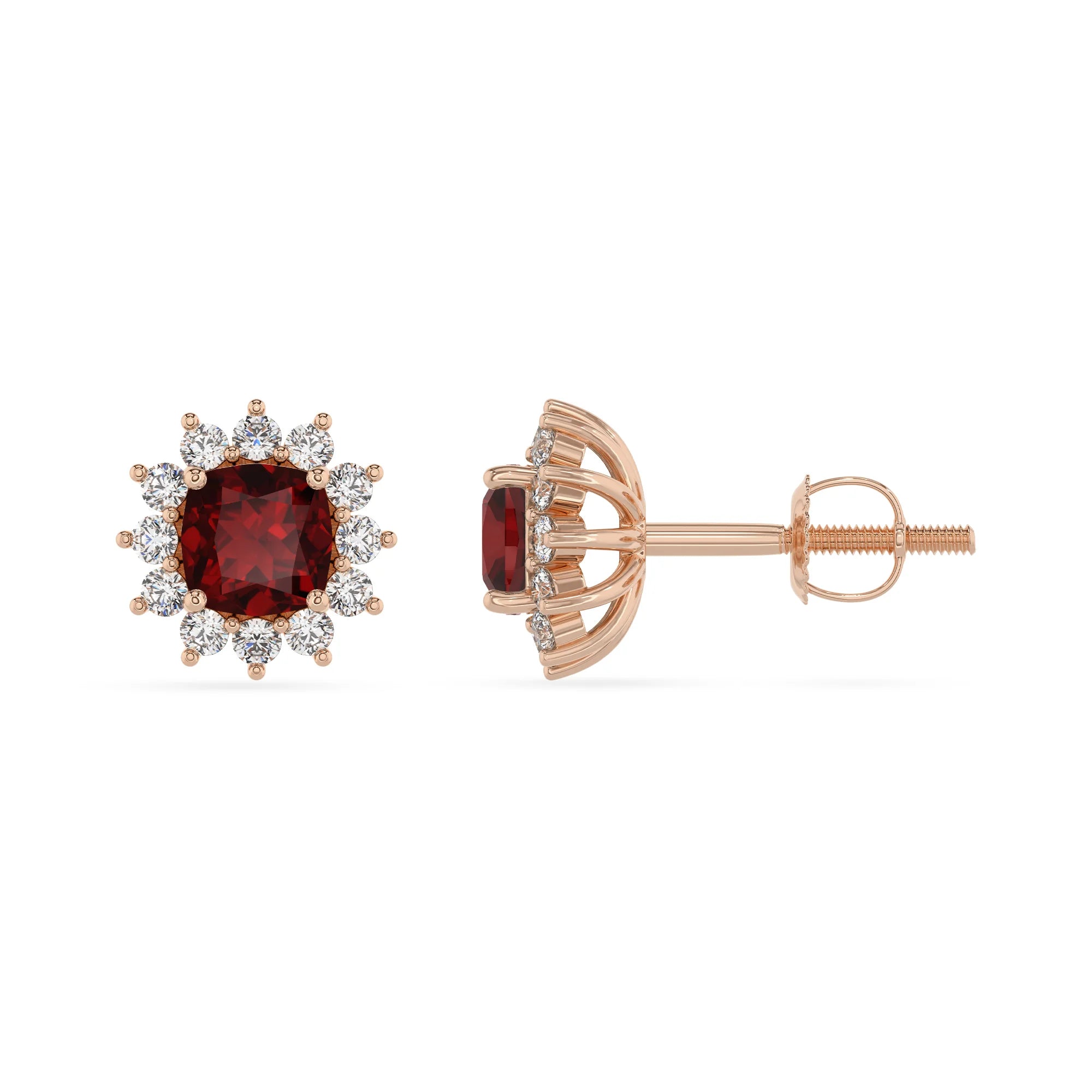 natural garnet cushion stud earrings in rose gold 