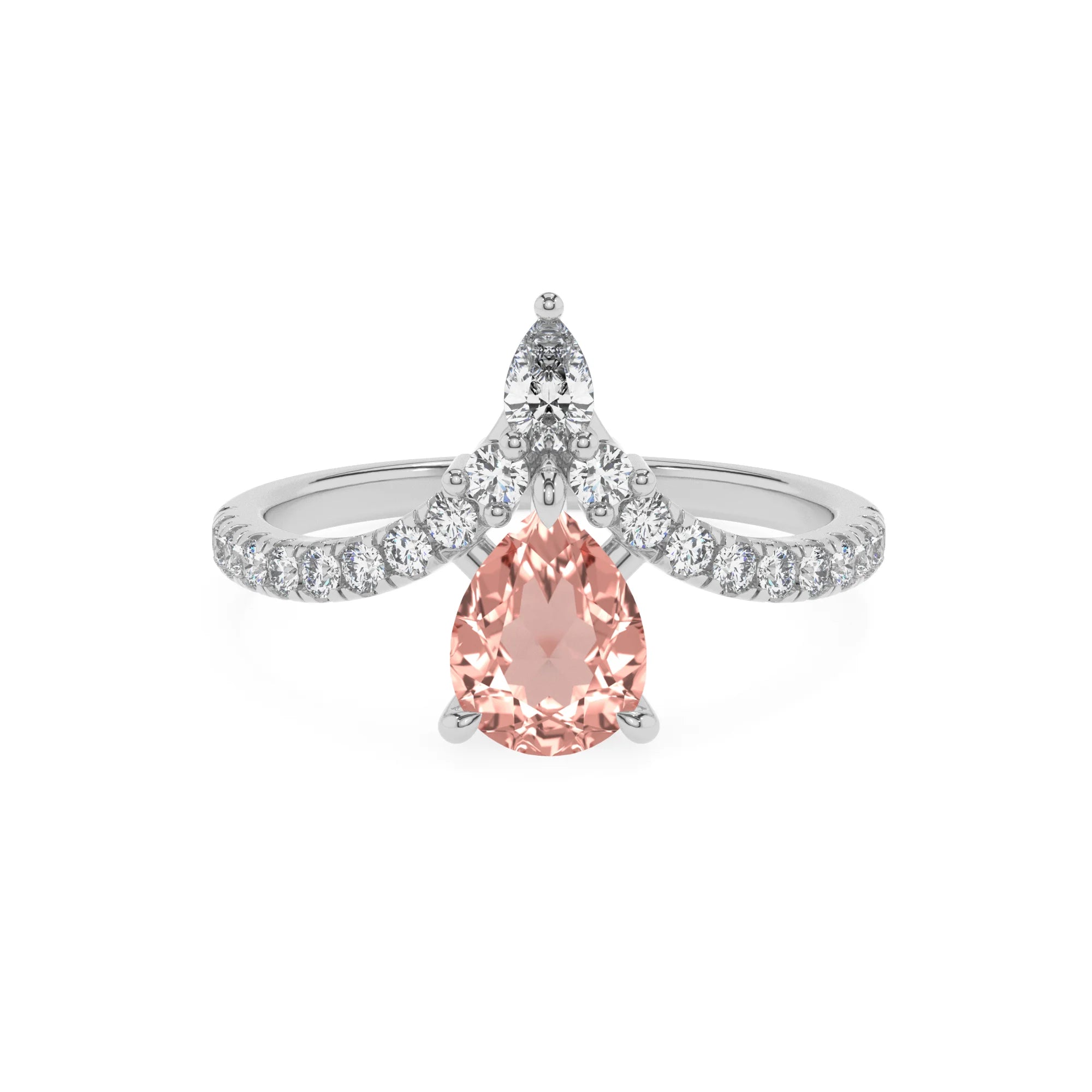 lab grown morganite pear solitaire rings in white gold 